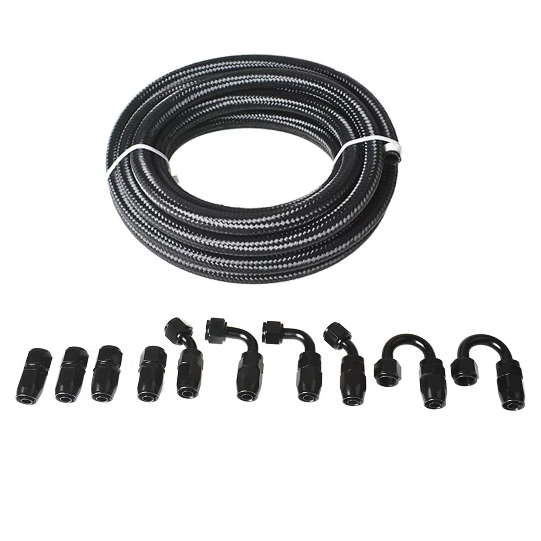 20FT Braided Fuel Hose Line & 8AN Swivel Hose End Fitting Kit Black