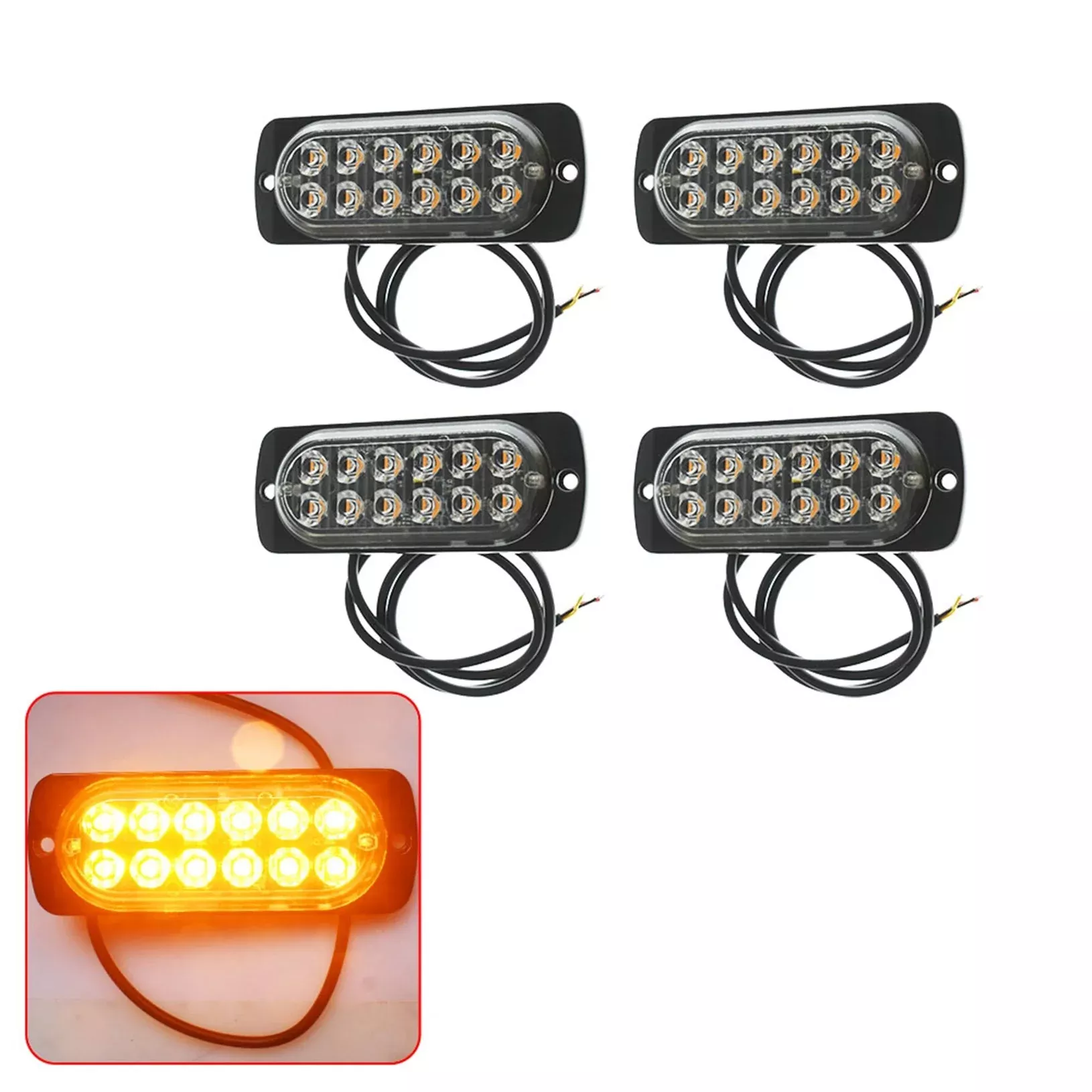 4x Strobe 12 Led Amber Hazard Beacon Emergency Flashing Side Marker Light Bars