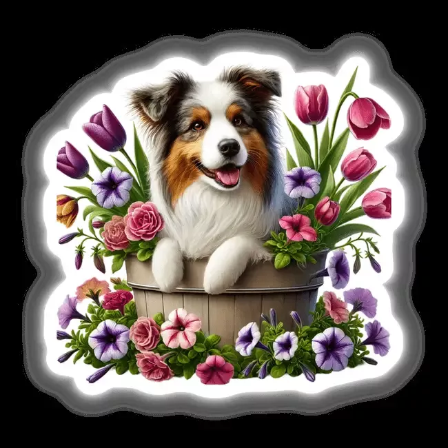 Australian Shepherd Dog Peeking Out of Flower Pot