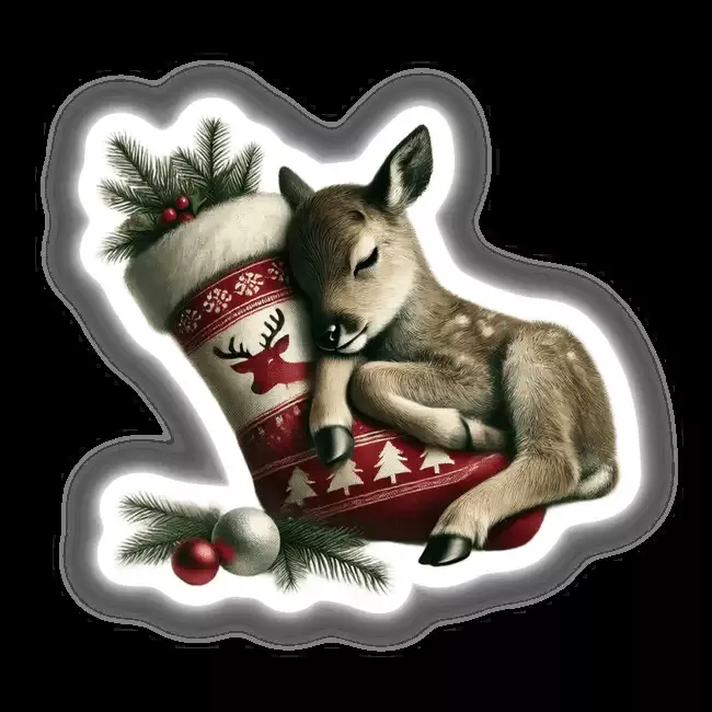 Baby Reindeer Resting Head on Christmas Stocking