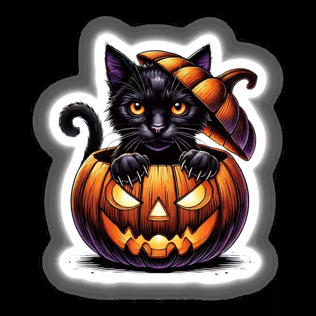 Black Cat Peeking Out of Pumpkin Halloween