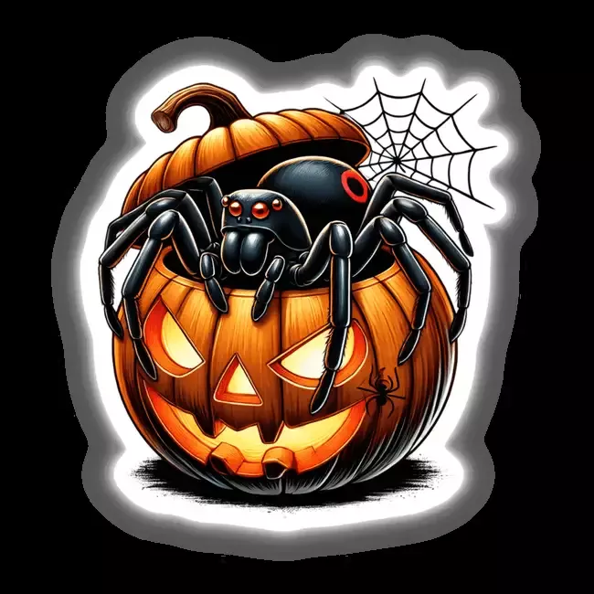 Black Widow Spider Peeking Out of Pumpkin Halloween