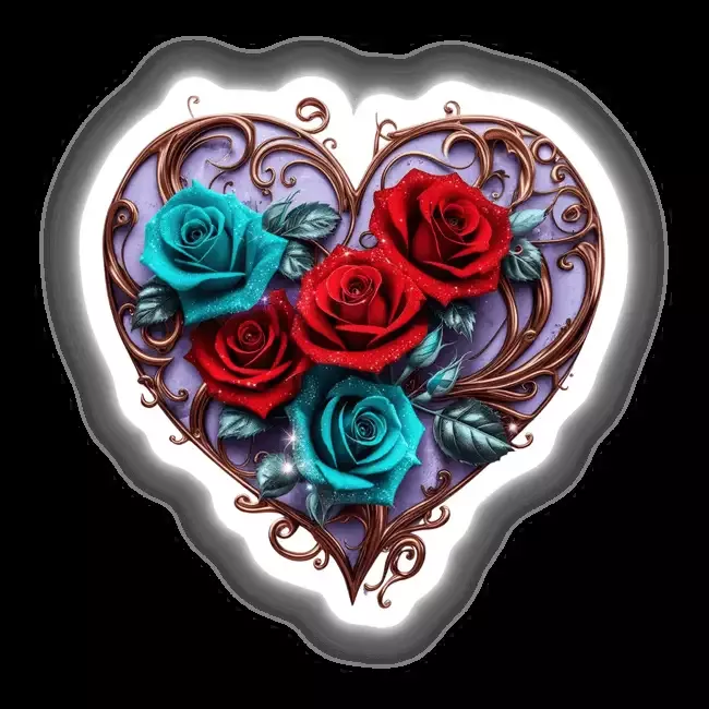 Bronze Heart with Red and Teal Roses on Lavender Background