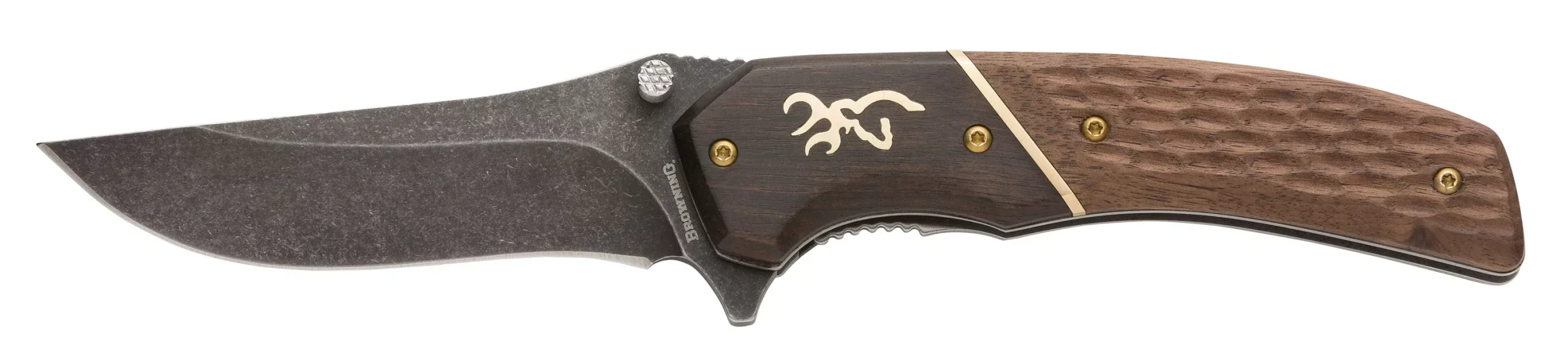 Browning 3220392 HunterLarge 3.50" Folding Drop Point Plain Black Oxide Stonewashed 440C SS Blade/Brown Jigged Hardwood Walnut Handle Includes Pocket Clip