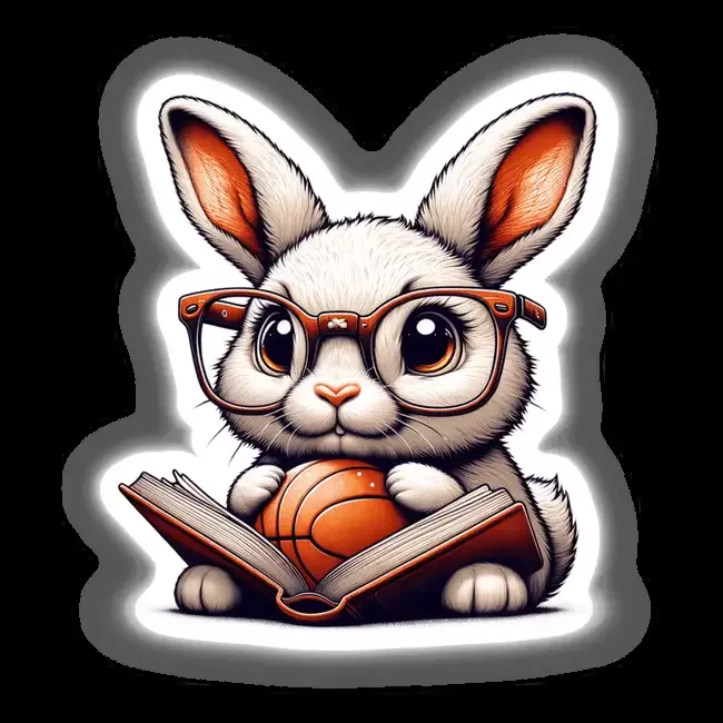 Bunny Rabbit in Reading Glasses with Open Book and Basketball