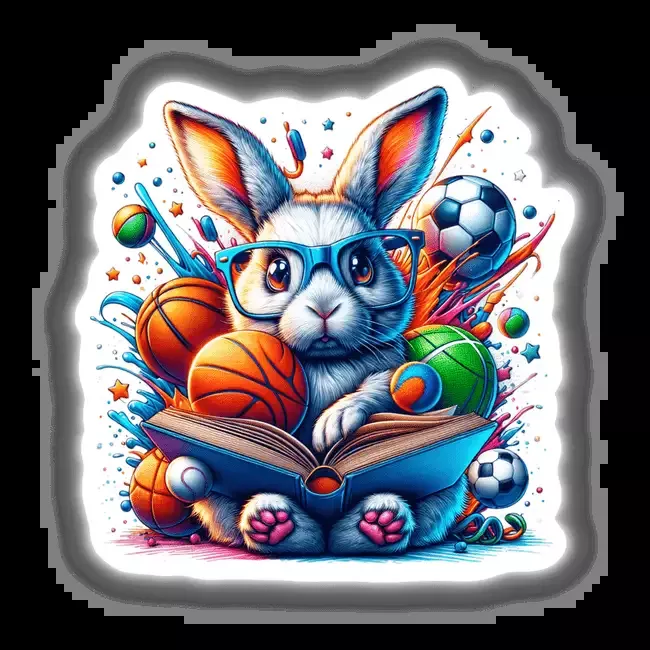 Bunny Rabbit Reading a Book with Glasses and Sports Balls