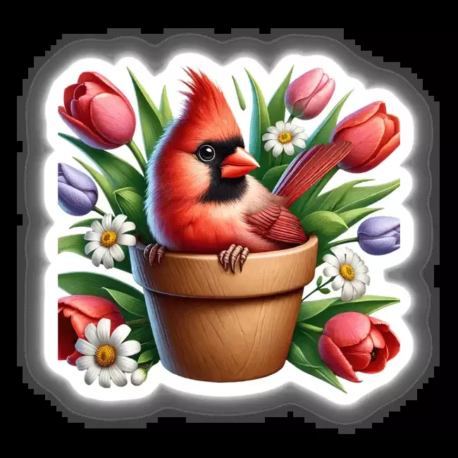 Cardinal Bird Peeking Out of Flower Pot