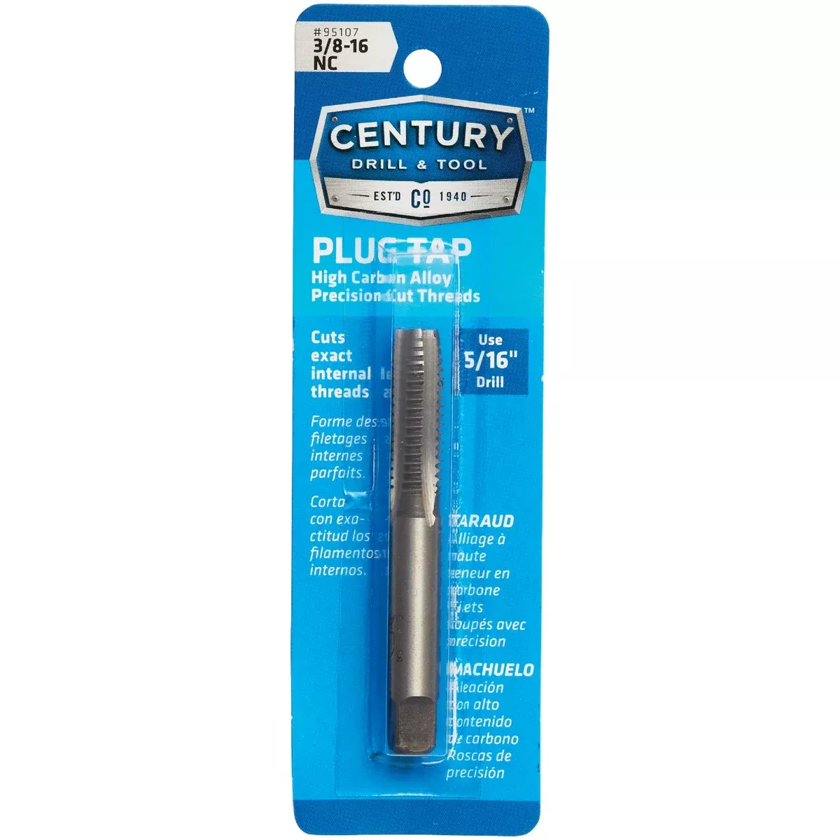 Century Drill and Tool 95107 Tap-Plug Carbon Steel 3/8-16 National Coarse