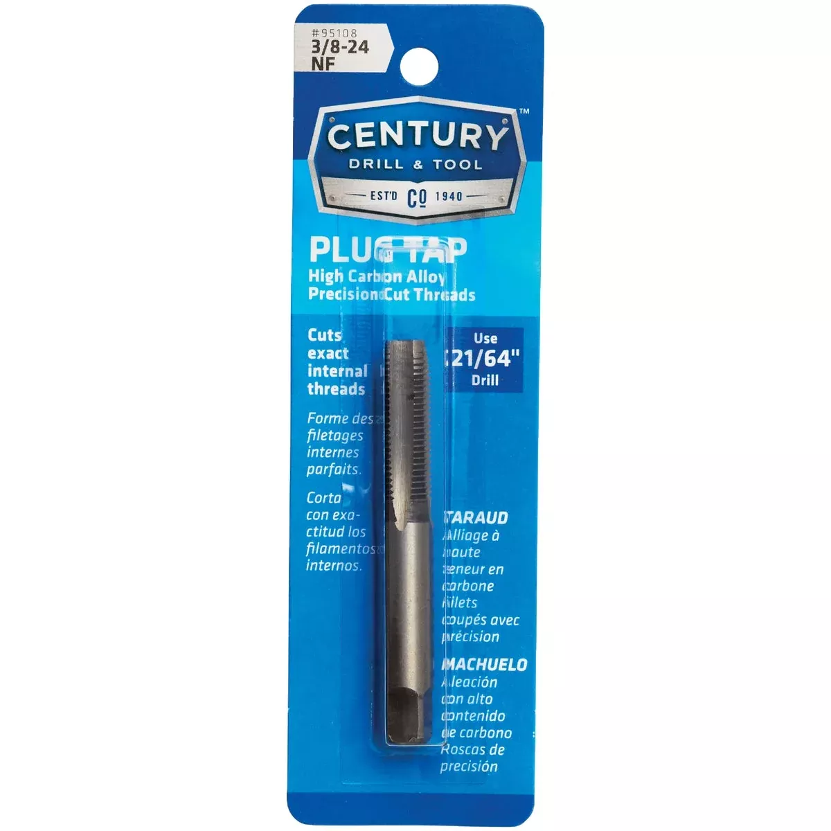 Century Drill and Tool 95108 Tap-Plug Carbon Steel 3/8-24 National Fine
