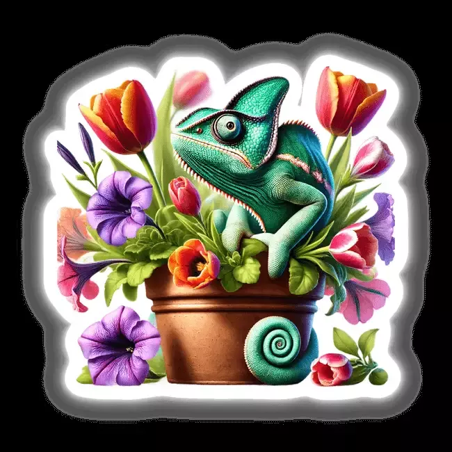 Chameleon Peeking Out of Flower Pot