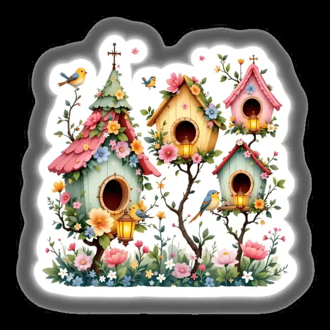 Charming Birdhouses Decorated with Spring Flowers and Tiny Birds