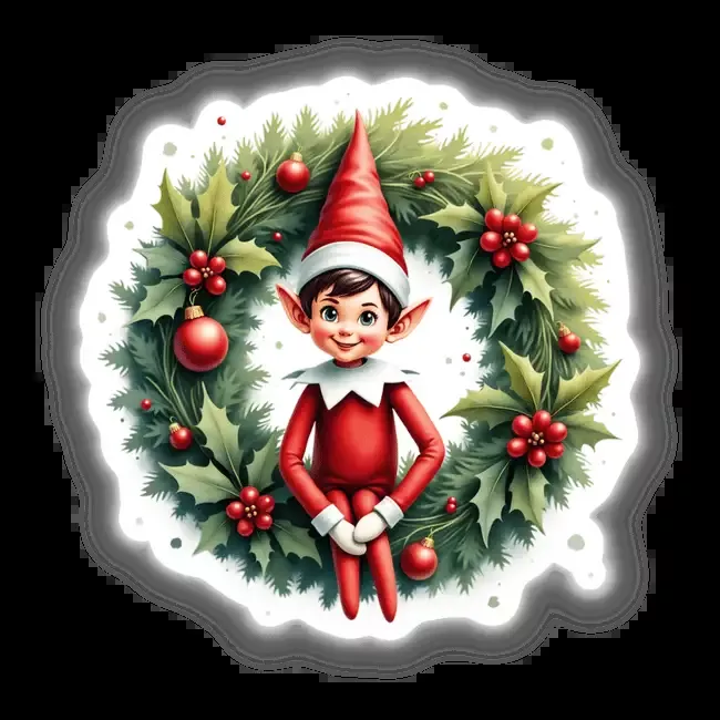 Cheerful Elf in a Christmas Wreath