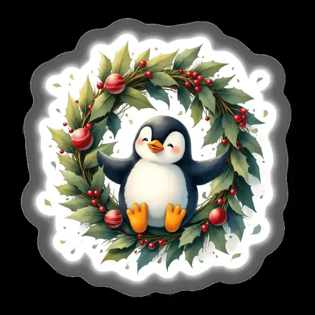 Cheerful Penguin in a Christmas Wreath