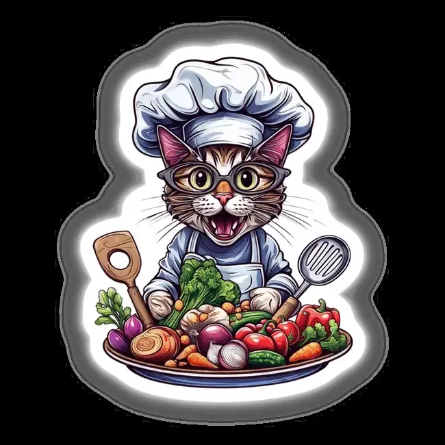Chef Cat with Vegetables and Cooking Utensils
