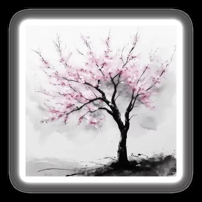 Cherry Tree Blossoming in Spring Sumi-e Japanese Watercolor