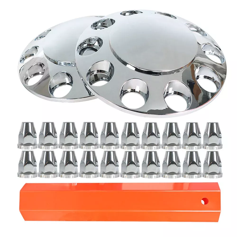 Chrome Front Axle Wheel Cover with Hub Cap 33mm Lug Nuts for Semi Truck Set of 2