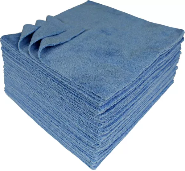 CleanAide 12 x 12 in. 350 GSM Ultrasonic Cut Blue Microfiber Cleaning Cloths – 50-pack