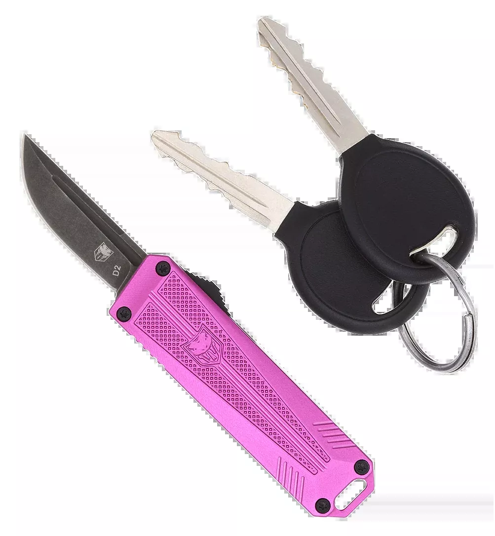 CobraTec Knives CALI929TBPURTNS California 929TB 1.75" OTF Tanto Plain Stonewashed D2 Steel Blade/ Purple Anodized Aluminum Handle Includes Pocket Clip/Pouch