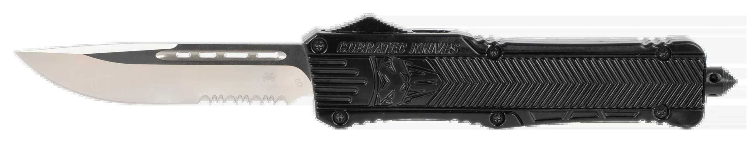 CobraTec Knives LBCTK1LDS CTK-1Large 3.75" OTF Drop Point Part Serrated D2 Steel Blade/ Black Aluminum Handle Features Glass Breaker Includes Pocket Clip