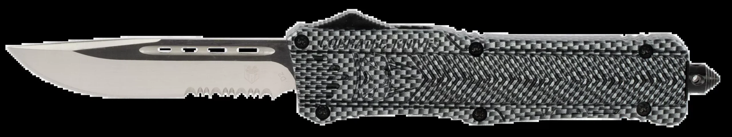 CobraTec Knives LCFCTK1LDS CTK-1Large 3.75" OTF Drop Point Part Serrated D2 Steel Blade/ Carbon Fiber Aluminum Handle Features Glass Breaker Includes Pocket Clip