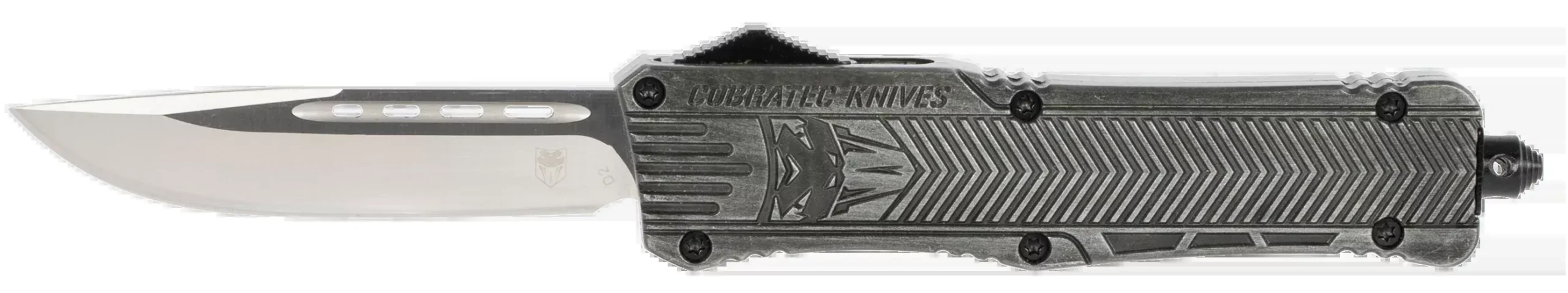 CobraTec Knives LSWCTK1LDNS CTK-1Large 3.75" OTF Drop Point Plain D2 Steel Blade/ Stonewashed Aluminum Handle Features Glass Breaker Includes Pocket Clip