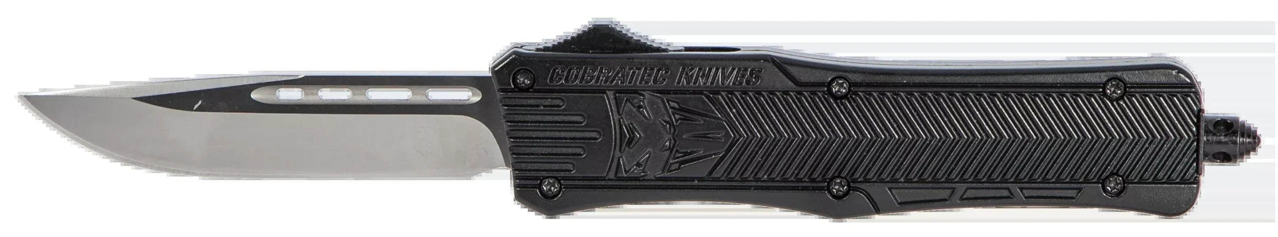 CobraTec Knives MBCTK1MDNS CTK-1Medium 3" OTF Drop Point Plain D2 Steel Blade/Black Aluminum Handle Features Glass Breaker Includes Side Button