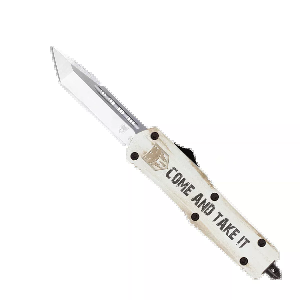 CobraTec Knives MCATIFS3TNS FS-3 Come And Take It 3" OTF Tanto Plain D2 Steel Blade/White w/"Come And Take It" Cerakoted Aluminum Handle Features Glass Breaker Includes Pocket Clip