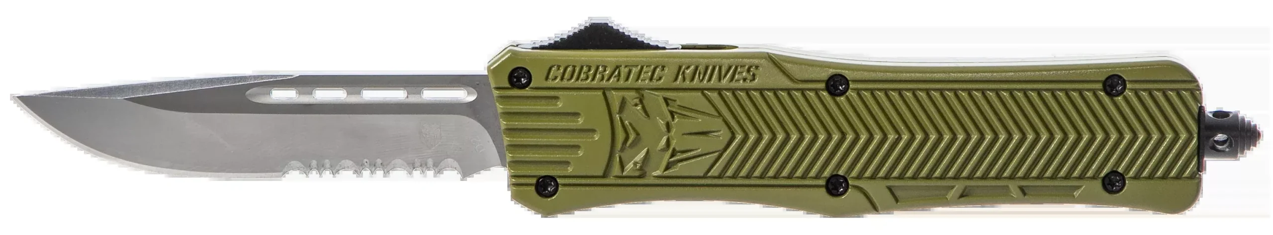 CobraTec Knives MODCTK1MDS CTK-1Medium 3" OTF Drop Point Part Serrated D2 Steel Blade/OD Green Aluminum Handle Features Glass Breaker Includes Pocket Clip