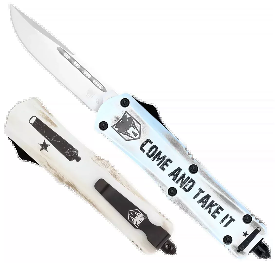 CobraTec Knives SCATIFS3DNS FS-3 Come And Take It Small 3" OTF Drop Point Plain D2 Steel Blade 4.50" White "Come And Take It" Aluminum Cerakoted Handle Includes Glass Breaker/Pocket Clip