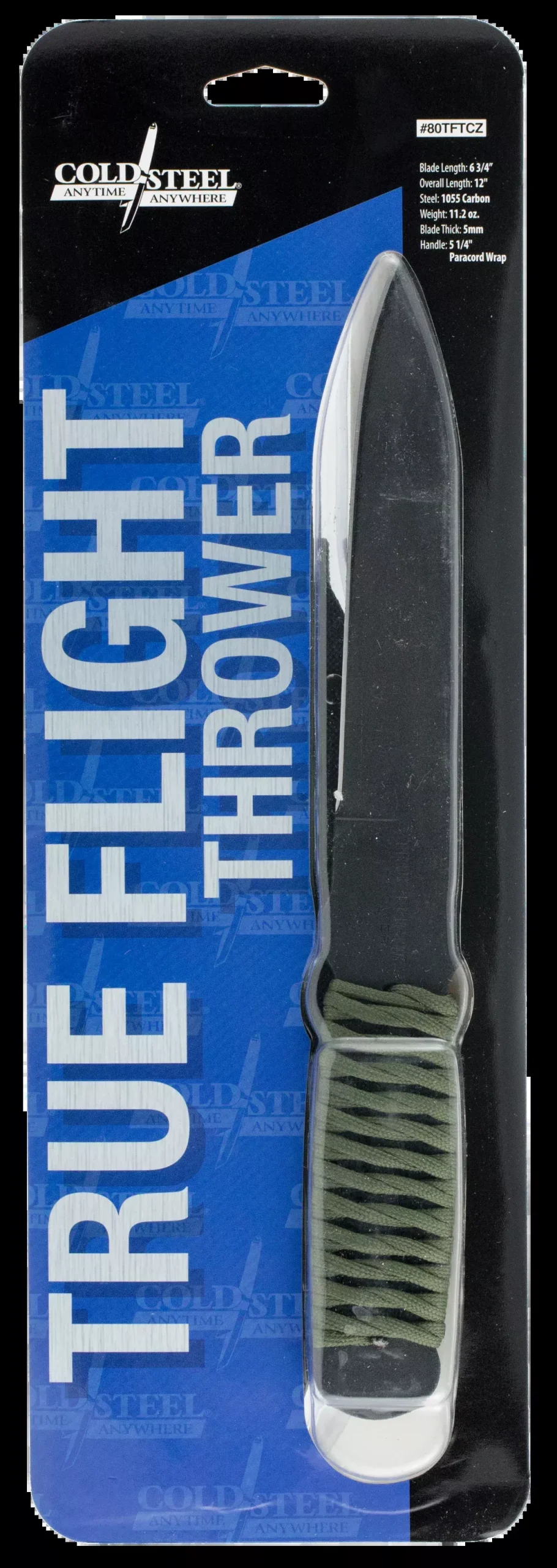 Cold Steel 80TFTC True Flight Thrower 6.75" Fixed Spear Point Plain Black 1055 Carbon Steel Blade/Paracord Wrap OD Handle