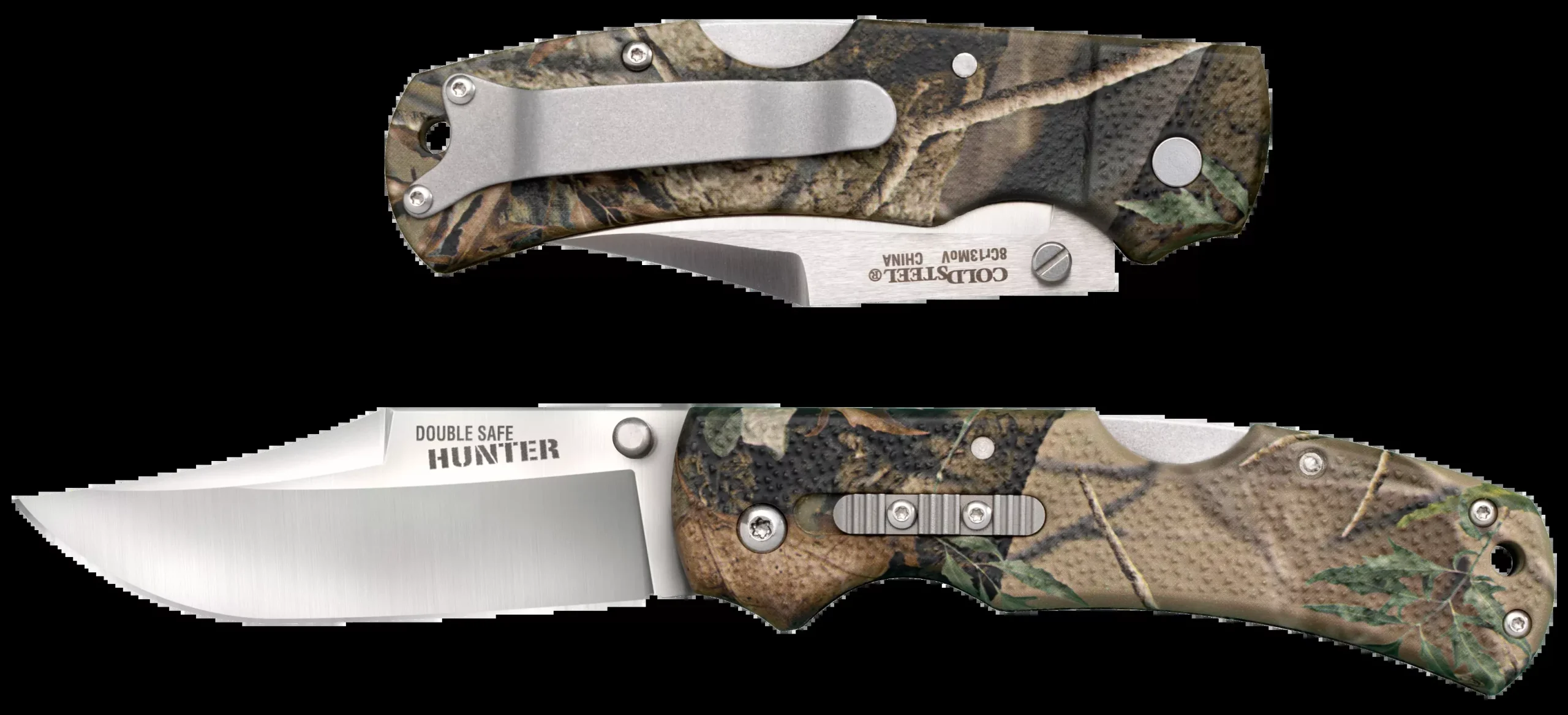 Cold Steel CS23JE Double Safe Hunter 3.50" Folding Clip Point Plain Satin 8Cr13MoV SS Blade/ Camo GFN Handle Includes Pocket Clip