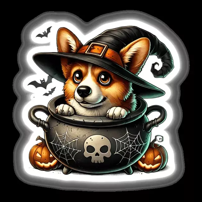 Corgi Dog Peeking Out of Cauldron Halloween
