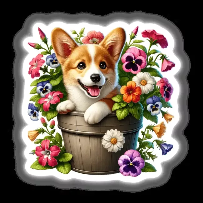 Corgi Dog Peeking Out of Flower Pot
