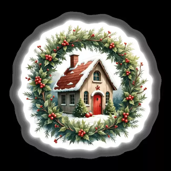 Cozy Cottage in a Christmas Wreath