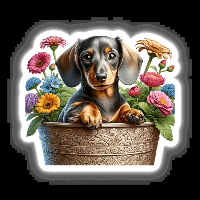 Dachshund Dog Peeking Out of Flower Pot