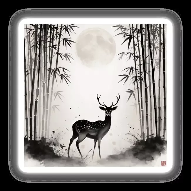Deer in Bamboo Forest Under Moonlight Sumi-e Art