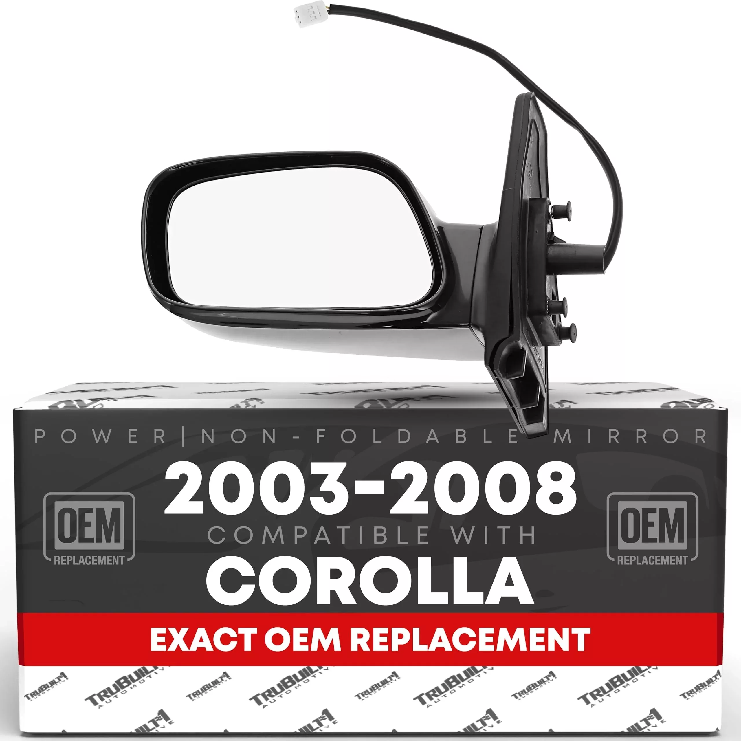 Driver Side Mirror Replacement - Compatible with 2003-2008 Toyota Corolla - Power Adjustment, Non-Foldable, Flat Glass with English Warning - Black, 3H3P - OEM 8794002380, TO1320178, TO1320179 - Driver Side Mirror
