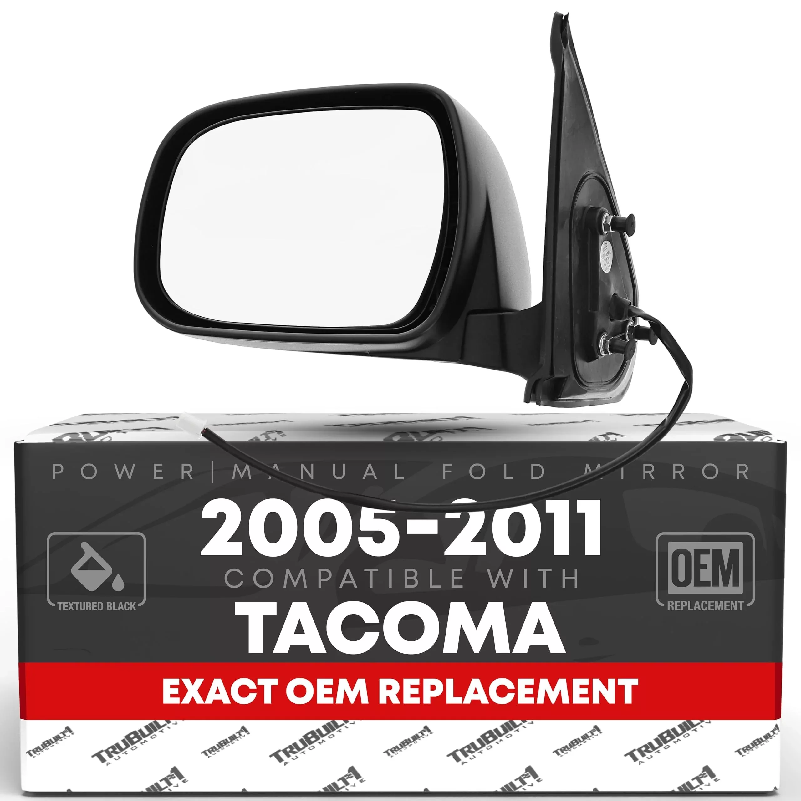 Driver Side Mirror Replacement - Compatible with 2005-2011 Toyota Tacoma - Powered Adjustment, Manual Folding, Flat Glass - Smooth Black, 5H3P - OEM 8794004190C0, TO1320203, 9551542 - Driver Side Mirror