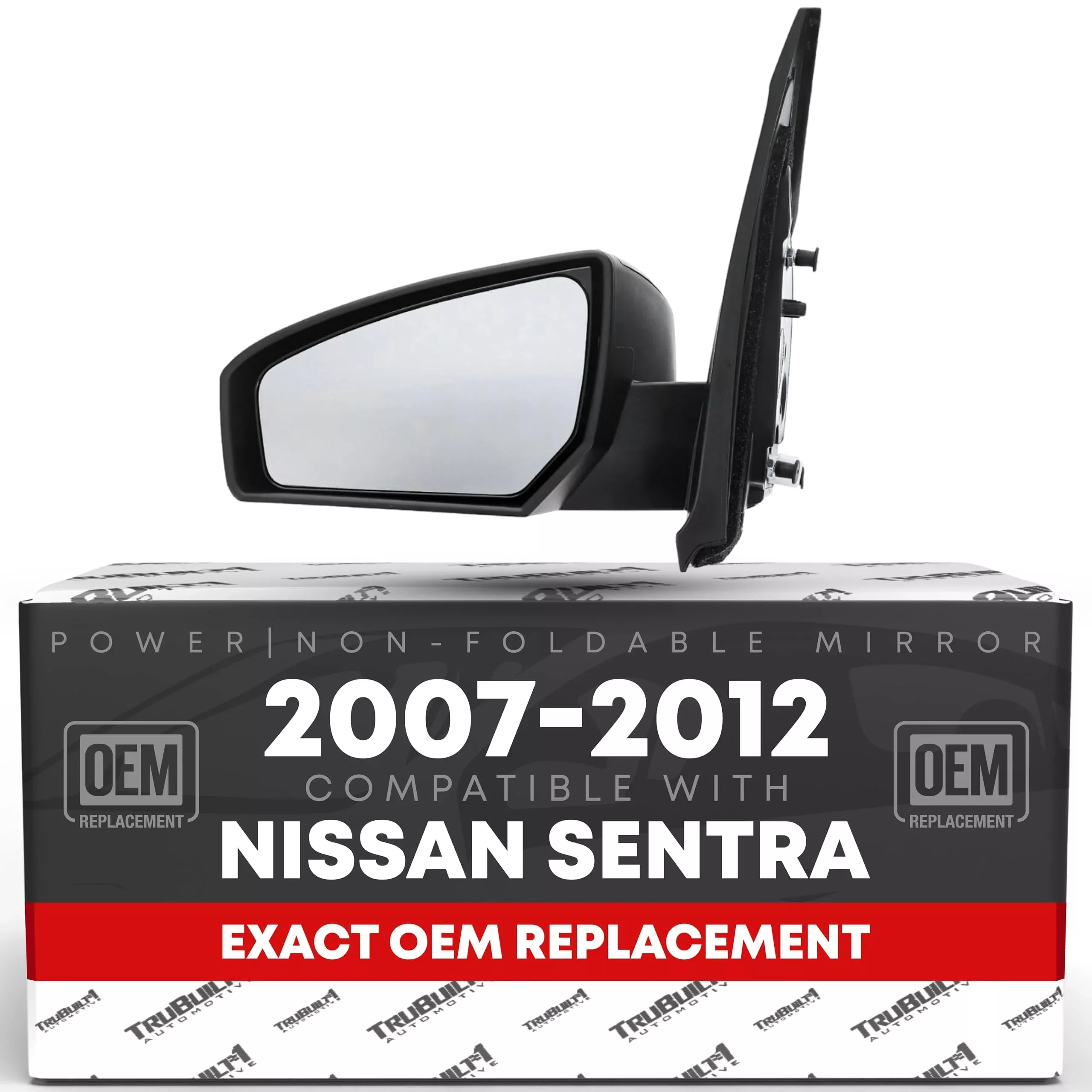 Driver Side Mirror Replacement - Compatible with 2007-2012 Nissan Sentra - Powered Adjustment, Non-Foldable, Flat Glass with English Warning - Black Cover, 8H3P - OEM 96302ET01E, NI1320167 - Driver Side Mirror