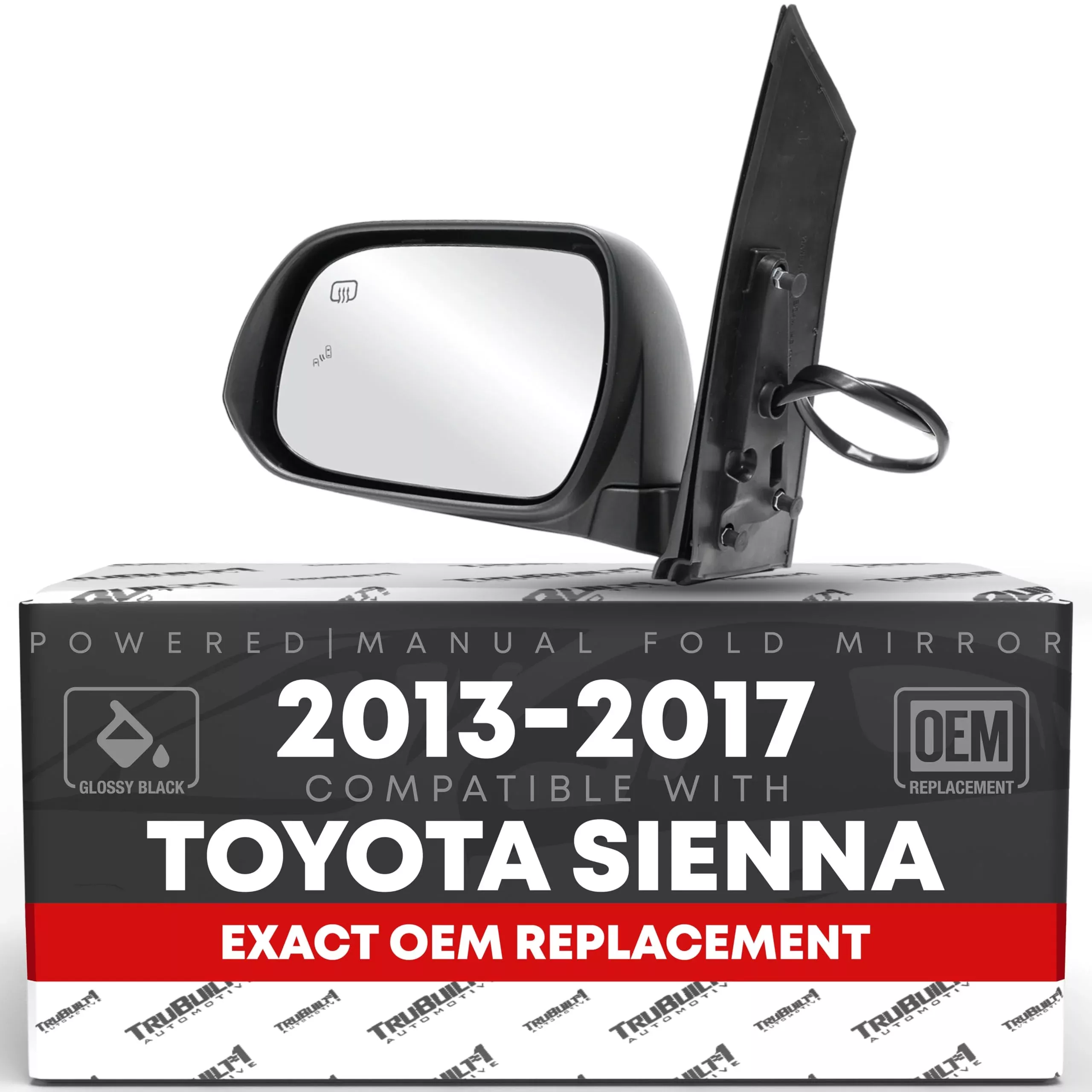 Driver Side Mirror Replacement - Compatible with 2013-2017 Toyota Sienna - Powered Adjustment, Heated, Manual Fold, Flat Glass - Smooth Black, 6H6P - OEM 87940-08113, TO1320301 - Driver Side Mirror