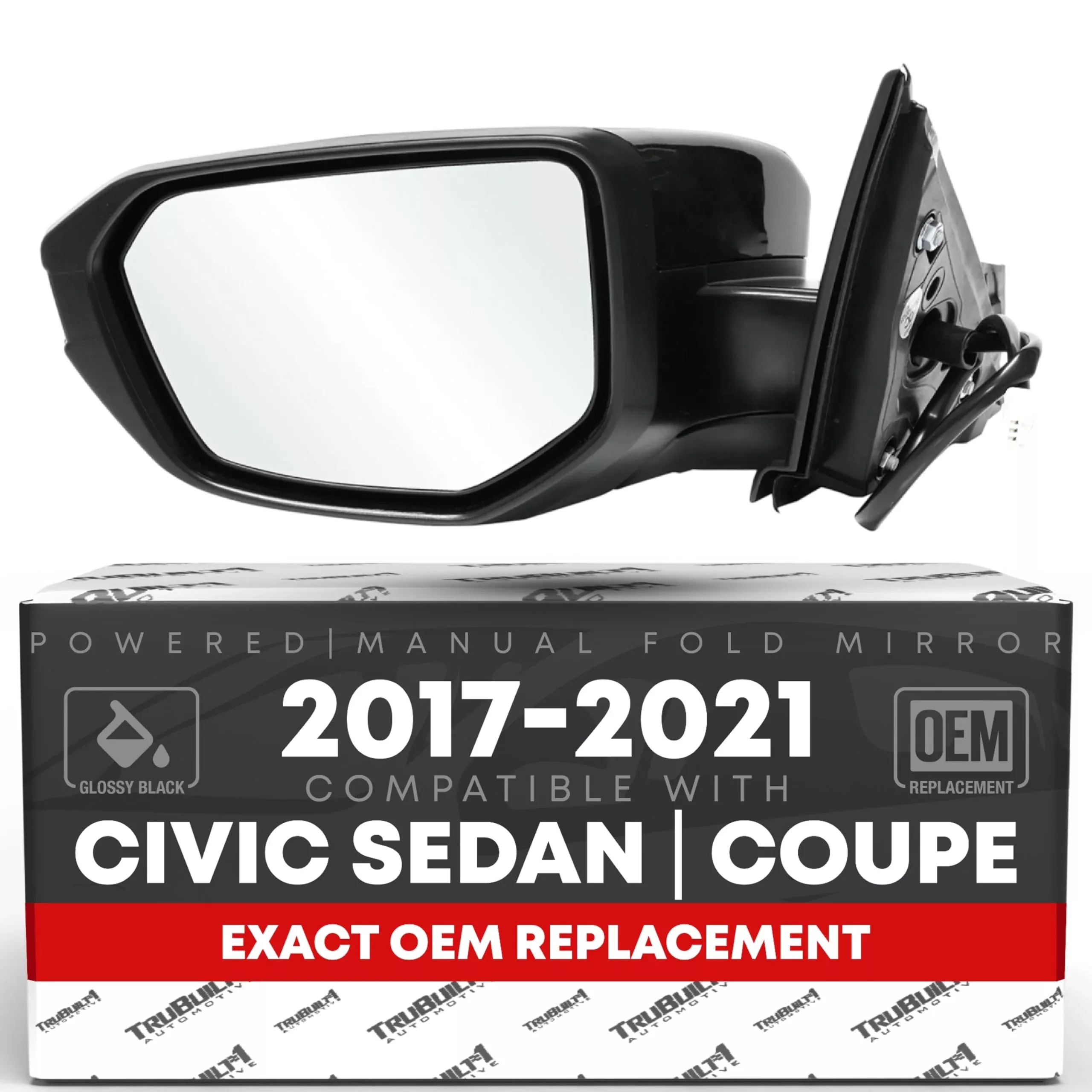 Driver Side Mirror Replacement - Compatible with 2017-2021 Honda Civic Sedan, 17-21 Honda Civic Coupe - Powered Adjustment, Manual Fold, Flat Glass - Smooth Black, 4H3P - OEM 76258TBAA021ZA, HO1320314 - Driver Side Mirror