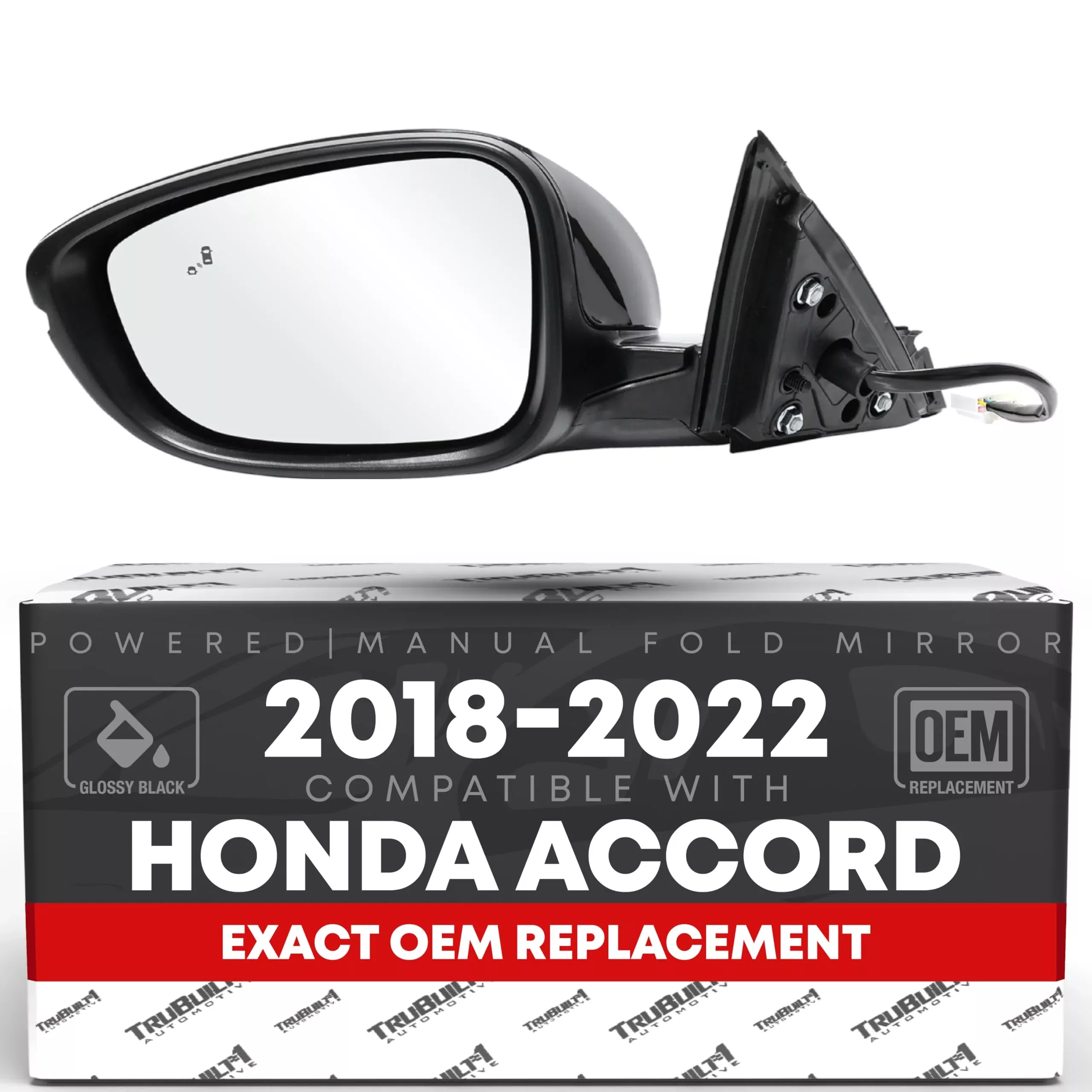 Driver Side Mirror Replacement - Compatible with 2018-2022 Honda Accord - Powered Adjustment, Manual Fold, Flat Glass - Smooth Black, 8H3P - OEM 76258TVAA02, 76251TVAA01ZJ, HO1320328 - Driver Side Mirror