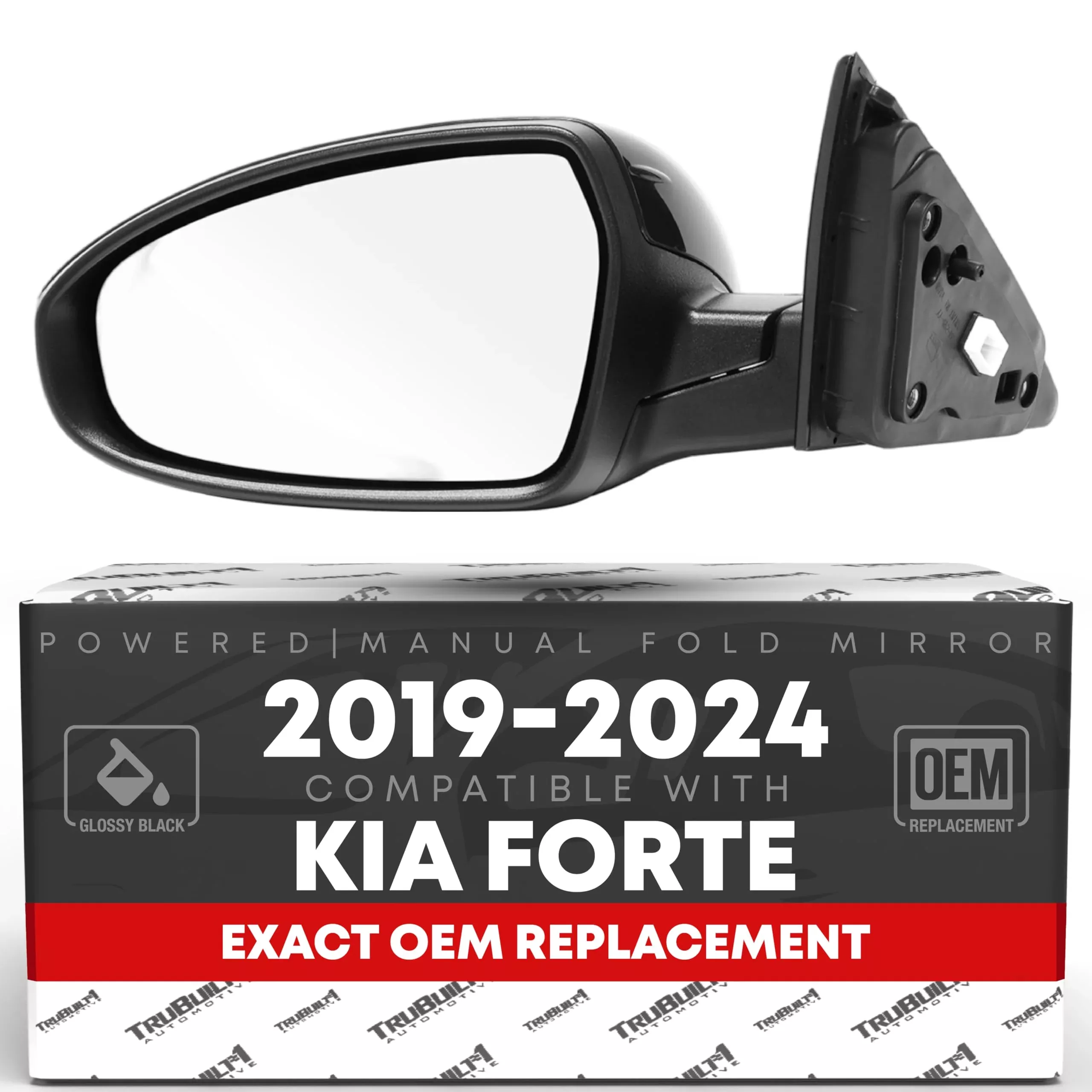 Driver Side Mirror Replacement - Compatible with 2019-2024 Kia Forte - Powered Adjustment, Manual Fold, Flat Glass - Smooth Black, 12H3P - OEM 87610M7000, KI1320226 - Driver Side Mirror