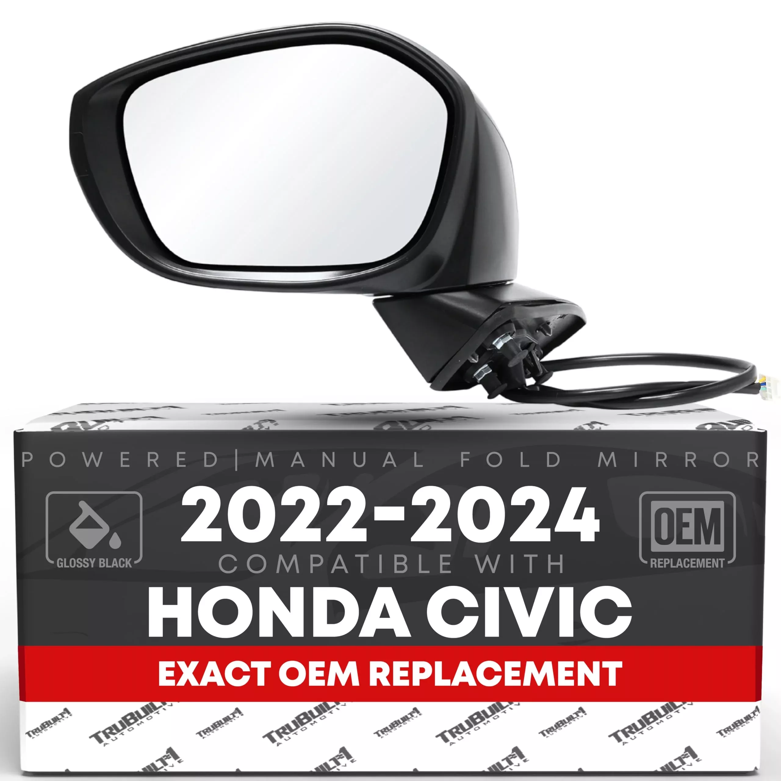 Driver Side Mirror Replacement - Compatible with 2022-2024 Honda Civic - Powered Adjustment, Manual Fold, Flat Glass - Smooth Black, 8H3P - OEM 76258T20A01, 76258T20A02, 76251T20, HO1320350 - Driver Side Mirror