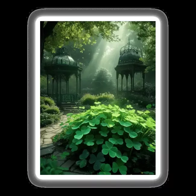 Enchanted Clover Garden with Gothic Gazebos and Sunlit Mist