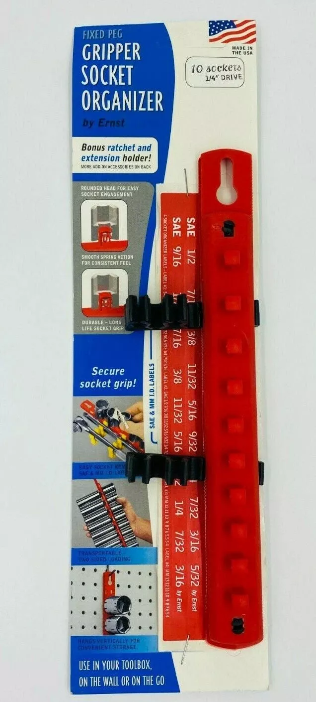 Ernst 8010 1/4" Dr. Fixed Peg "Gripper" 10 Socket Organizer RED