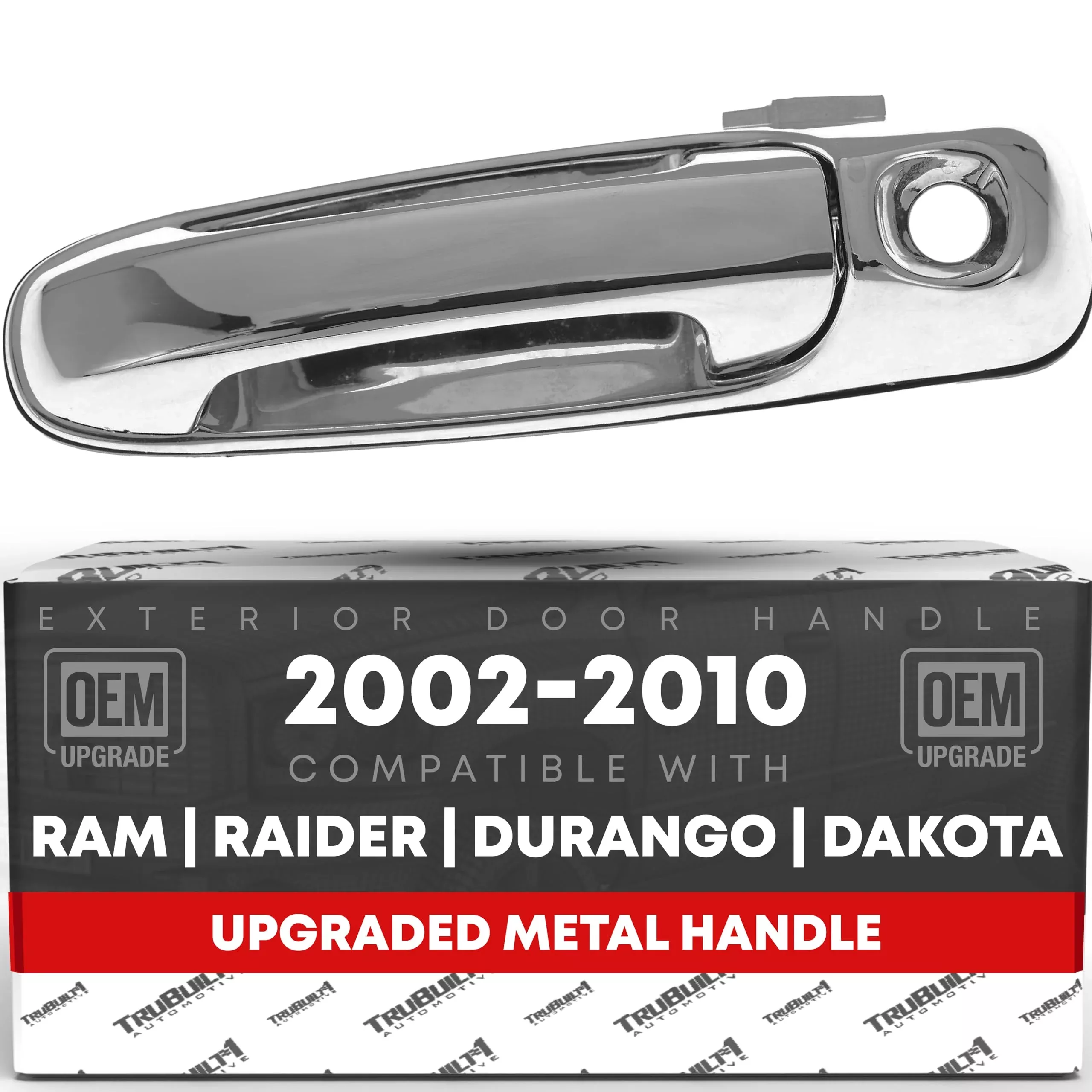 Exterior Front Driver Door Handle, Upgraded Metal - Compatible with 2002-2009 Dodge Ram 1500 2500 3500 4500 5500; 05-10 Dodge Dakota, 04-09 Dodge Durango - All Chrome w/ Keyhole - OEM 55275949AB-ACHM - Front Driver Side Handle
