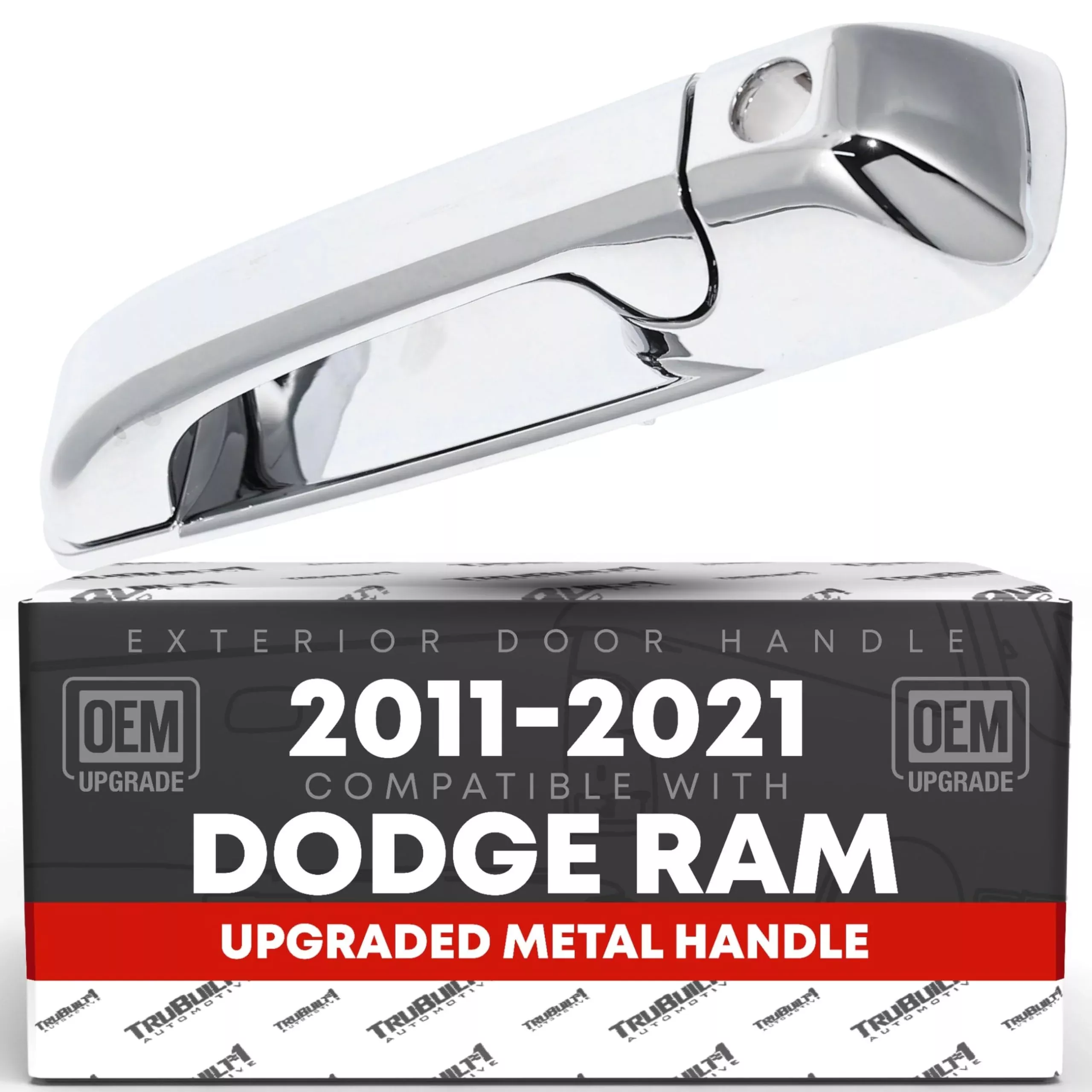 Exterior Front Driver Door Handle, Upgraded Metal - Compatible with 2011-2018 Dodge Ram 1500, 11-20 Ram 2500, 11-21 Ram 3500, Ram 4500, Ram 5500 - All Chrome w/ Keyhole - OEM 55112383AC-ACHMT, 82058 - Front Driver Side Handle