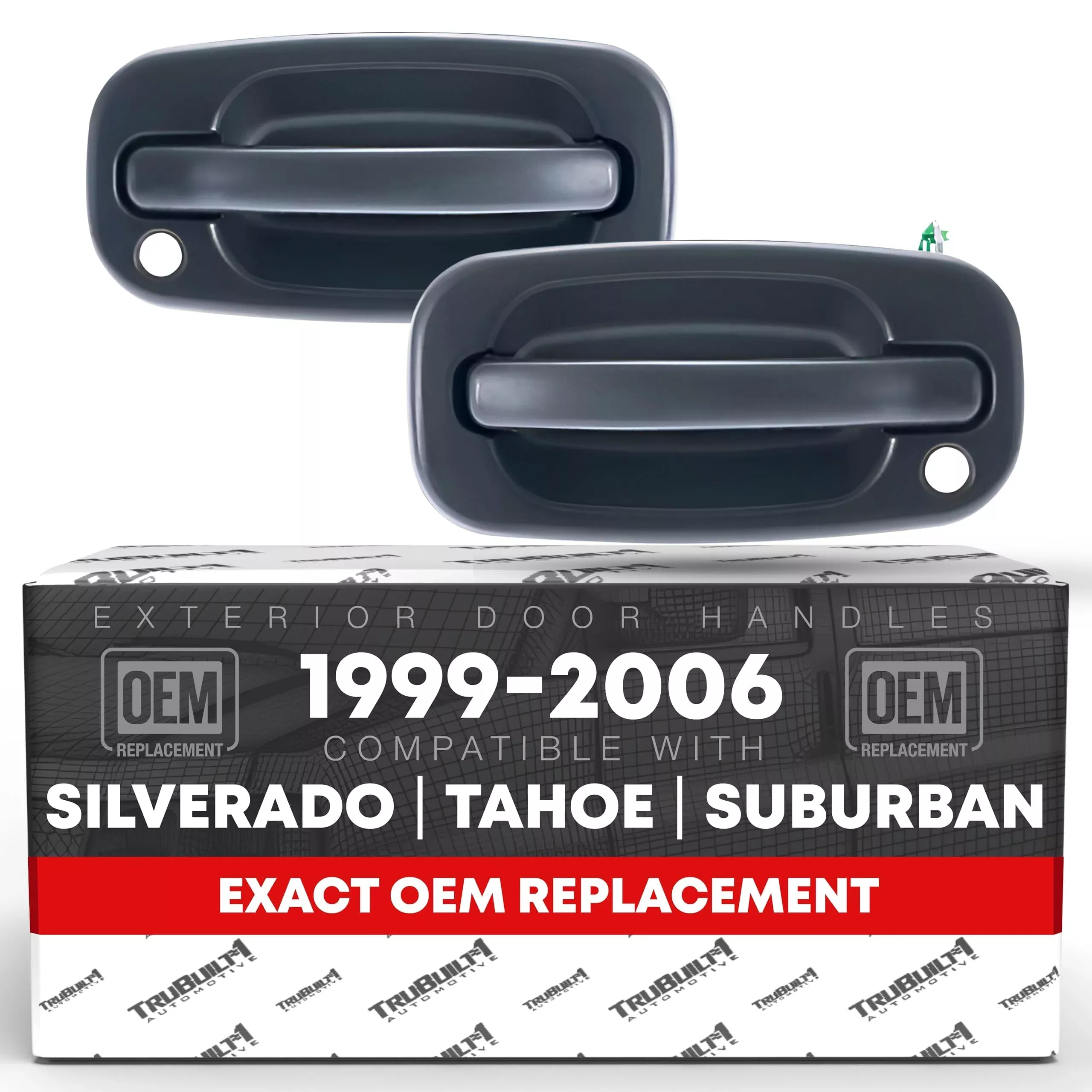 Exterior Front Driver and Passenger Door Handle - Compatible with 1999-2006 Chevrolet Silverado Suburban Tahoe; GMC Sierra Yukon Denali - All Chrome w/Keyhole - OEM 15034985, 15034986, 91130, 91129 - Front Driver + Passenger Side