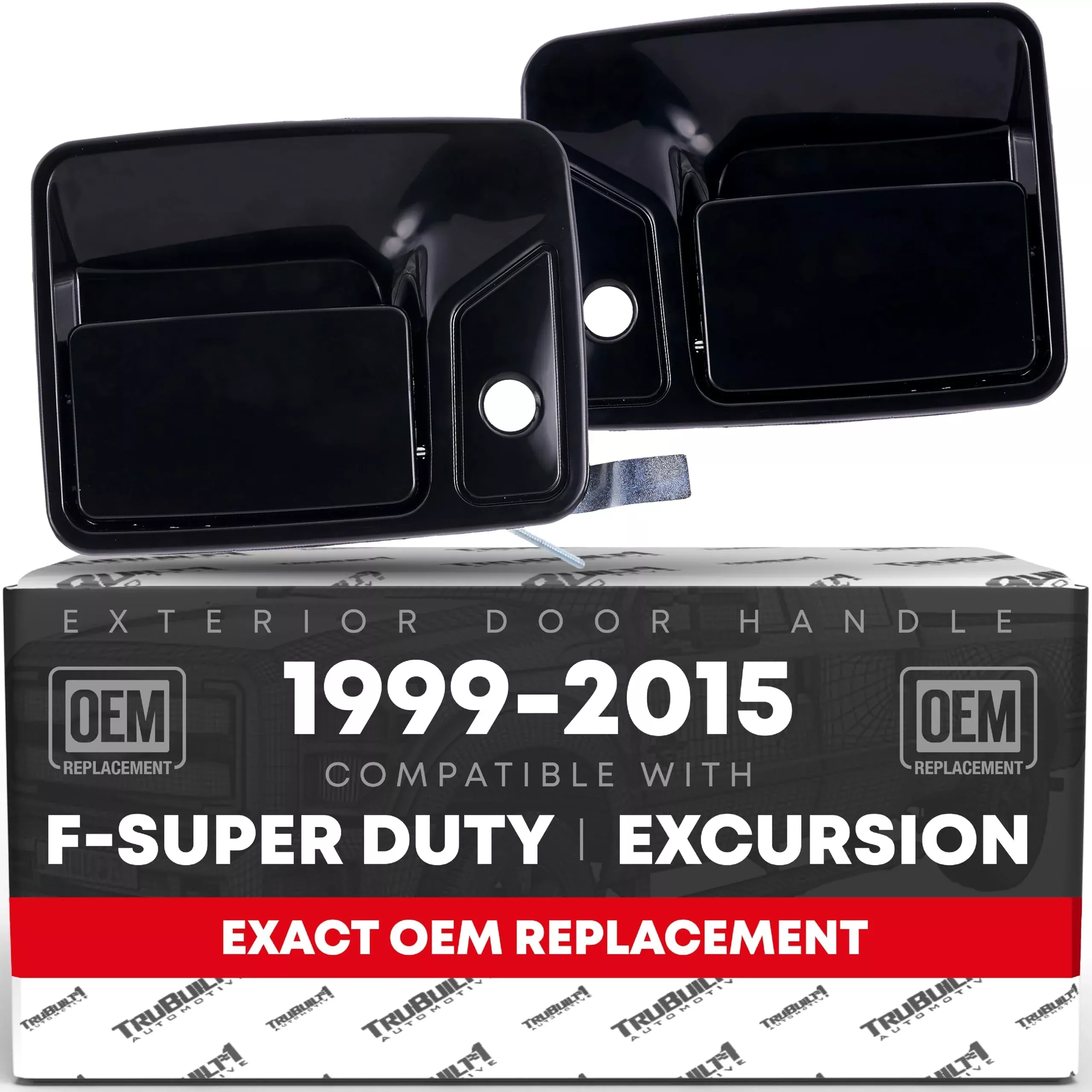 Exterior Front Driver and Passenger Door Handle Set - Compatible with 1999-2015 Ford Excursion, F-Series Super Duty - Smooth Black, Plastic with Keyhole - OEM 7C3Z-3622405-APPTM, 7C3Z-3622404-APPTM